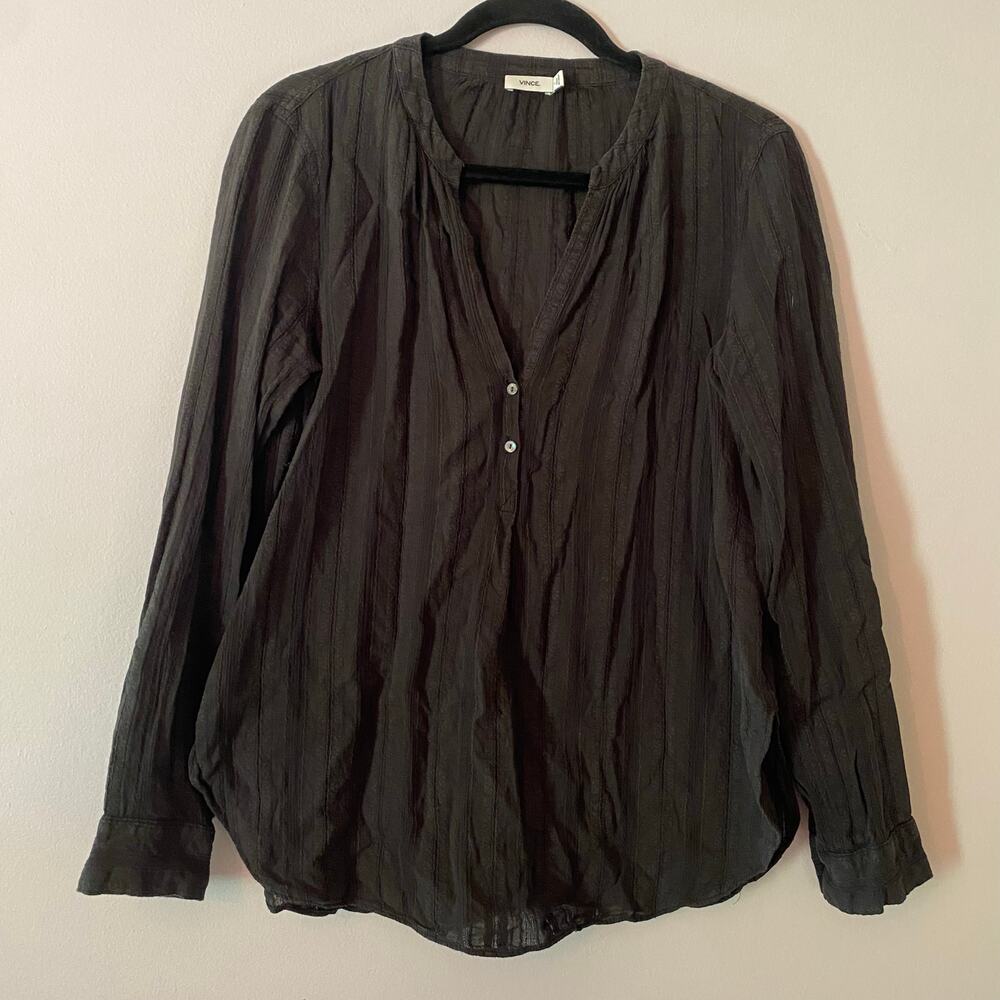 Vince. Charcoal Gray Textured Stripe Popover Top Sheer Cotton Women's size 10